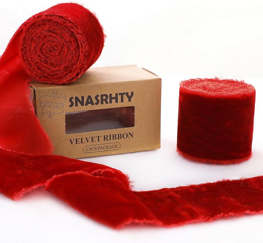 Red Velvet Ribbon 2 Roll 2 Yard x 2 Inch Frayed Velvet Christmas Ribbon for Gift Wrapping Vintage... | Amazon (US)