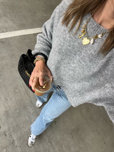 5/5/24 casual Saturday outfit  🫶🏼 casual outfits, spring transition outfits, winter to spring outfits, wide leg jeans, high rise baggy jeans, baggy jeans, Levi's baggy jeans, oversized sweater, grey oversized sweater