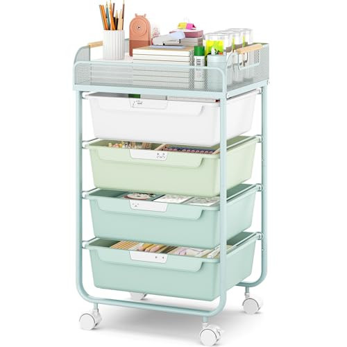 SYKIARIOL Rolling Utility Storage Cart with 4 Drawers - 4 Tiers Rolling Cart Craft Cart, Storage Drawer Cart Organizer for Craft Room Office Bedroom Classroom with Mesh Top & 4 PCS DIY Lable, Green | Amazon (US)