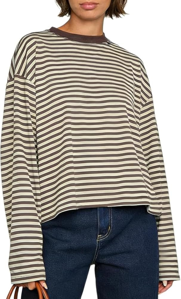 Striped Long Sleeve Shirt Women Y2k Oversized Crewneck Vintage Tops Fall Winter Drop Shoulder Cut... | Amazon (UK)