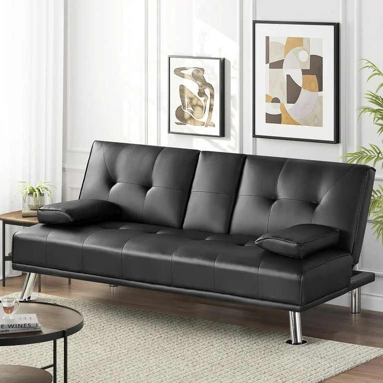 LuxuryGoods Modern Faux Leather Futon with Cupholders and Pillows, Black | Walmart (US)