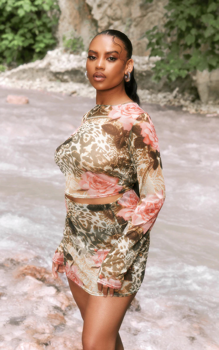 Plus Green Leopard Print Mesh Long Sleeve Crop Top | PrettyLittleThing US