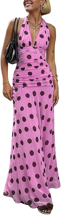 Alyweatry Women Polka Dot Halter Maxi Dress Y2k Sleeveless Deep V Neck Flowy Summer Vacation Beac... | Amazon (US)