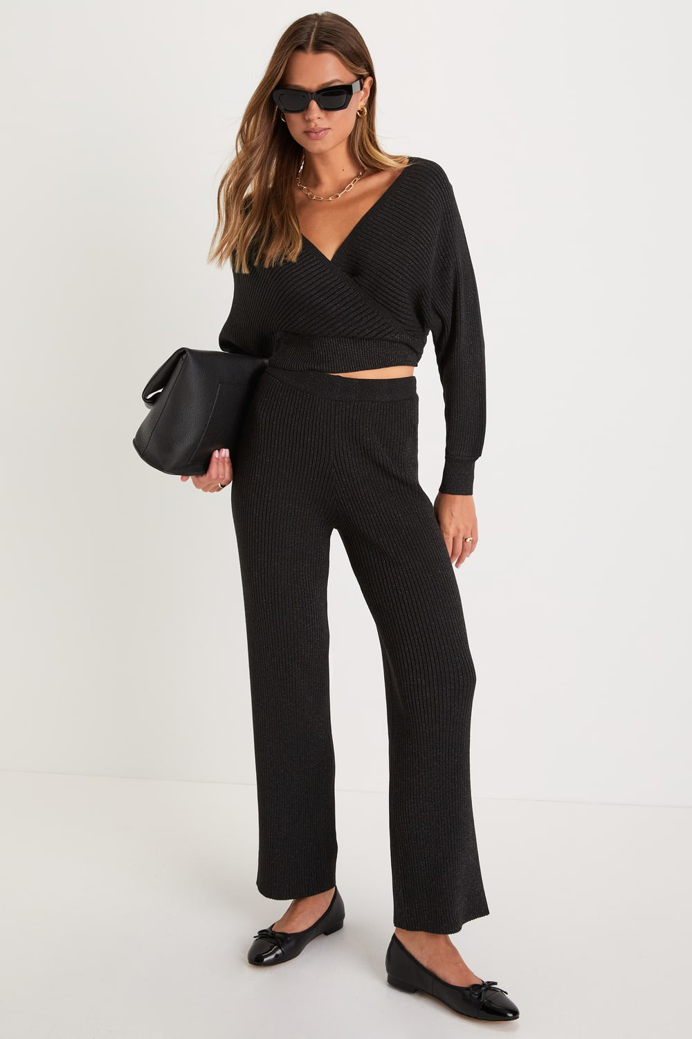 Luxe Weekend Black Ribbed Surplice Long Sleeve Sweater Top | Lulus (US)
