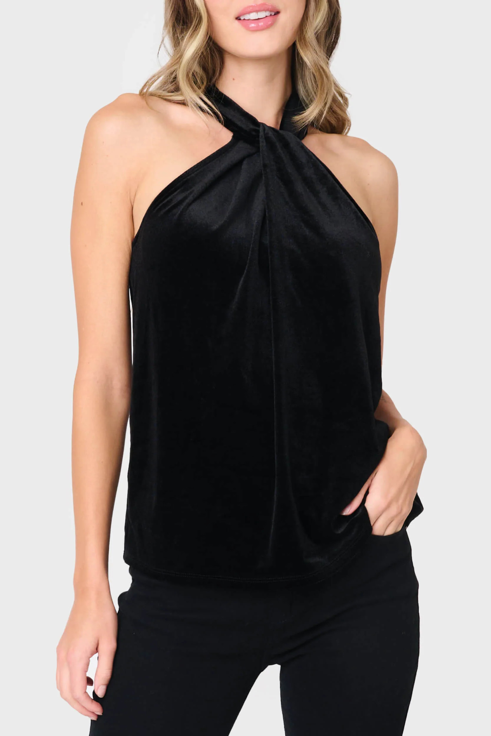 Twist Neck Velvet Halter | Elegant Holiday Top | Gibson