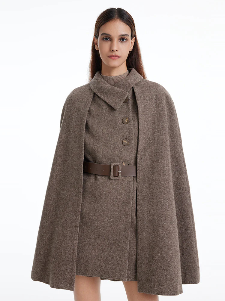 Coffee Brown Washable Wool Cloak And Vest Two-piece Set | GOELIA