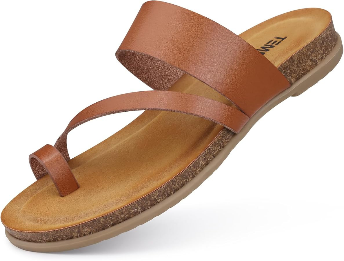 TEMOFON Women Summer Flip Flops: Genuine Leather Sandals, Cork Footbed, Comfortable Arch Support,... | Amazon (US)
