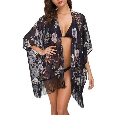 Women Floral Kimono Cardigan Casual Tie-dye Gradient Chiffon Bikini Cover Up Summer Open Front Beach | Walmart (US)