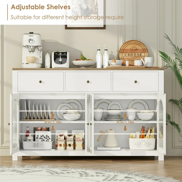 Homfa 55'' Large Sideboard Buffet Cabinet, Kitchen Storage Cabinet with 3 Drawers and 4 Glass Doo... | Walmart (US)