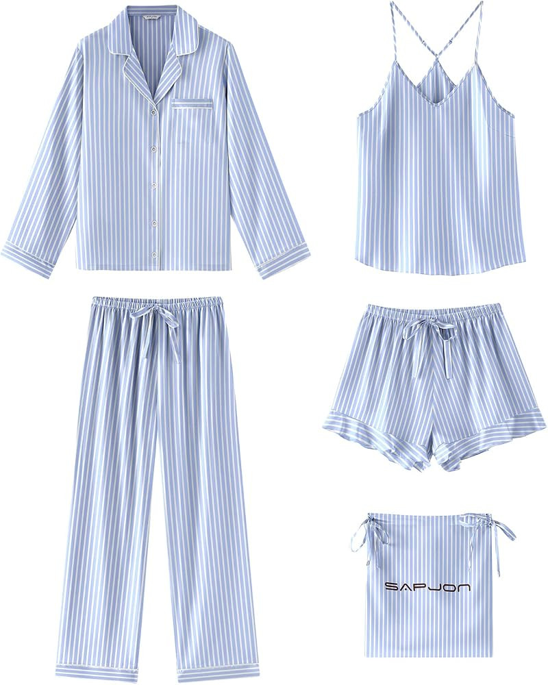 SAPJON Satin Silk Pajamas for Women Set 5PCS Classic Button Down Pajamas Top and Pants Cami and R... | Amazon (US)
