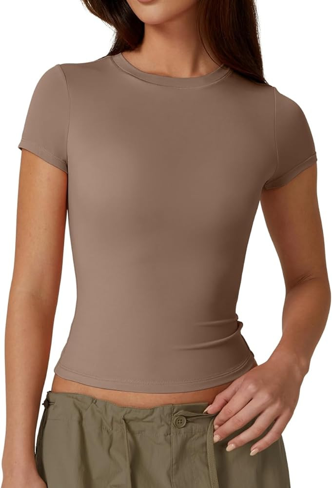 QINSEN Women's Crew Neck Short Sleeve Double-Layer Tops Basic Slim Fit Going Out T Shirt | Amazon (US)