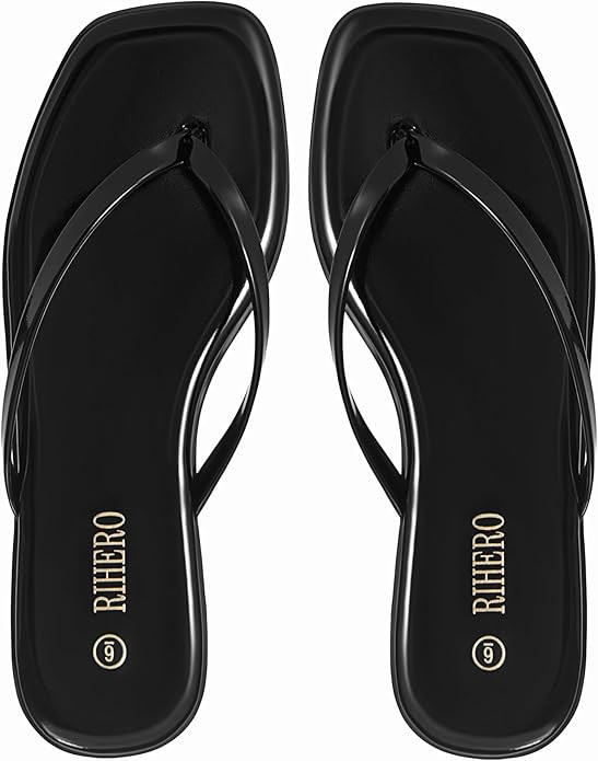 Rihero Flip Flops for Women Comfortable Square Toe Beach Sandals Slip On Leather Thong Flat Sanda... | Amazon (US)