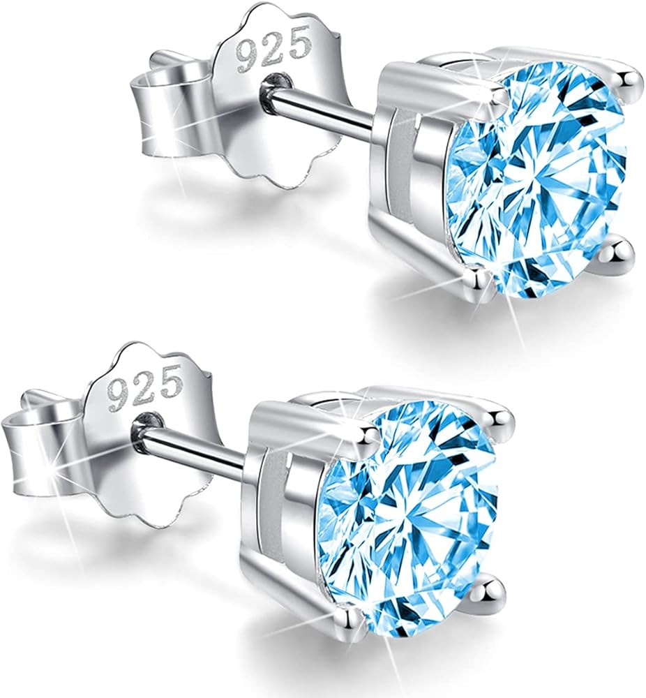 925 Sterling Silver Round-Cut Blue Cubic Zirconia Stud Earrings 3mm-8mm Options, Simulated Diamon... | Amazon (US)