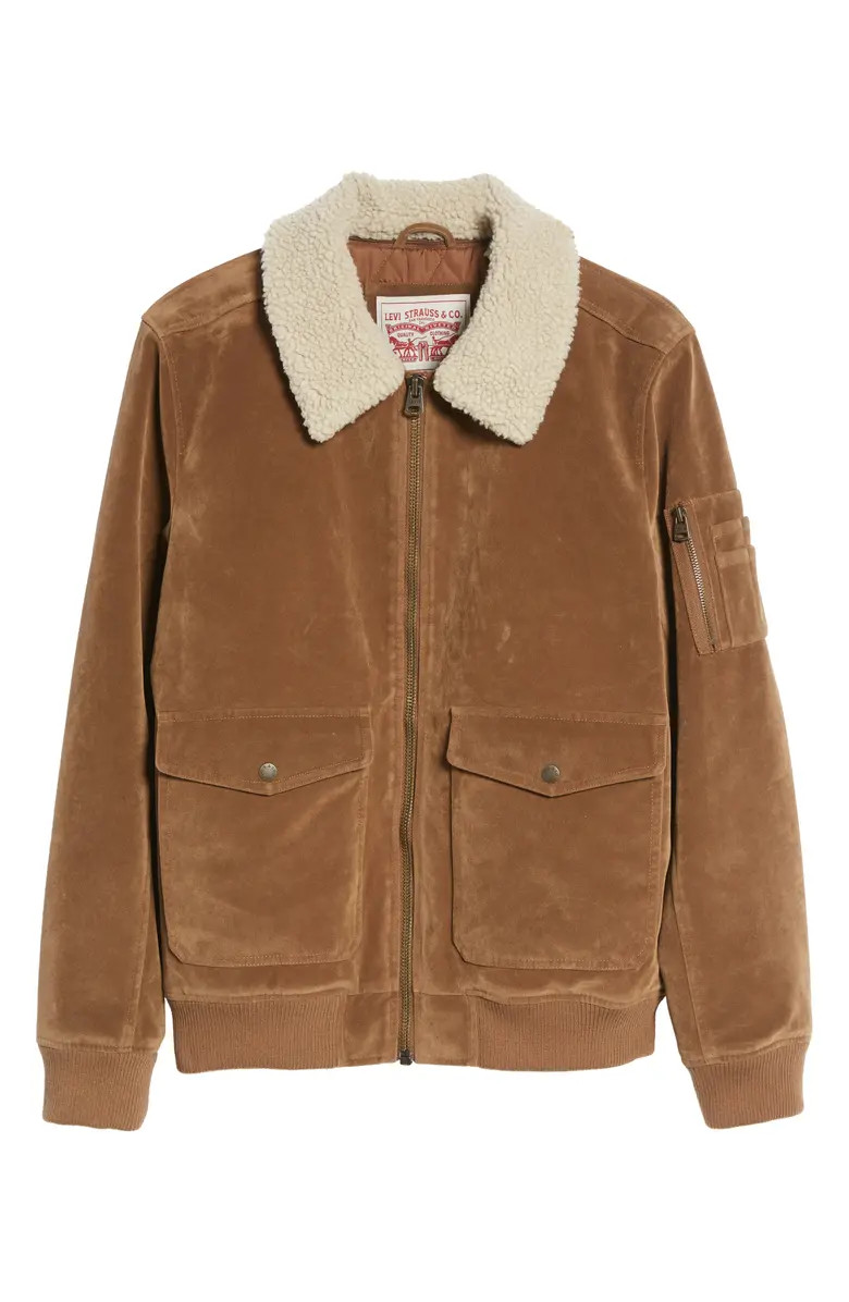 Faux Suede Aviator Bomber Jacket with Removable Faux Shearling Collar | Nordstrom