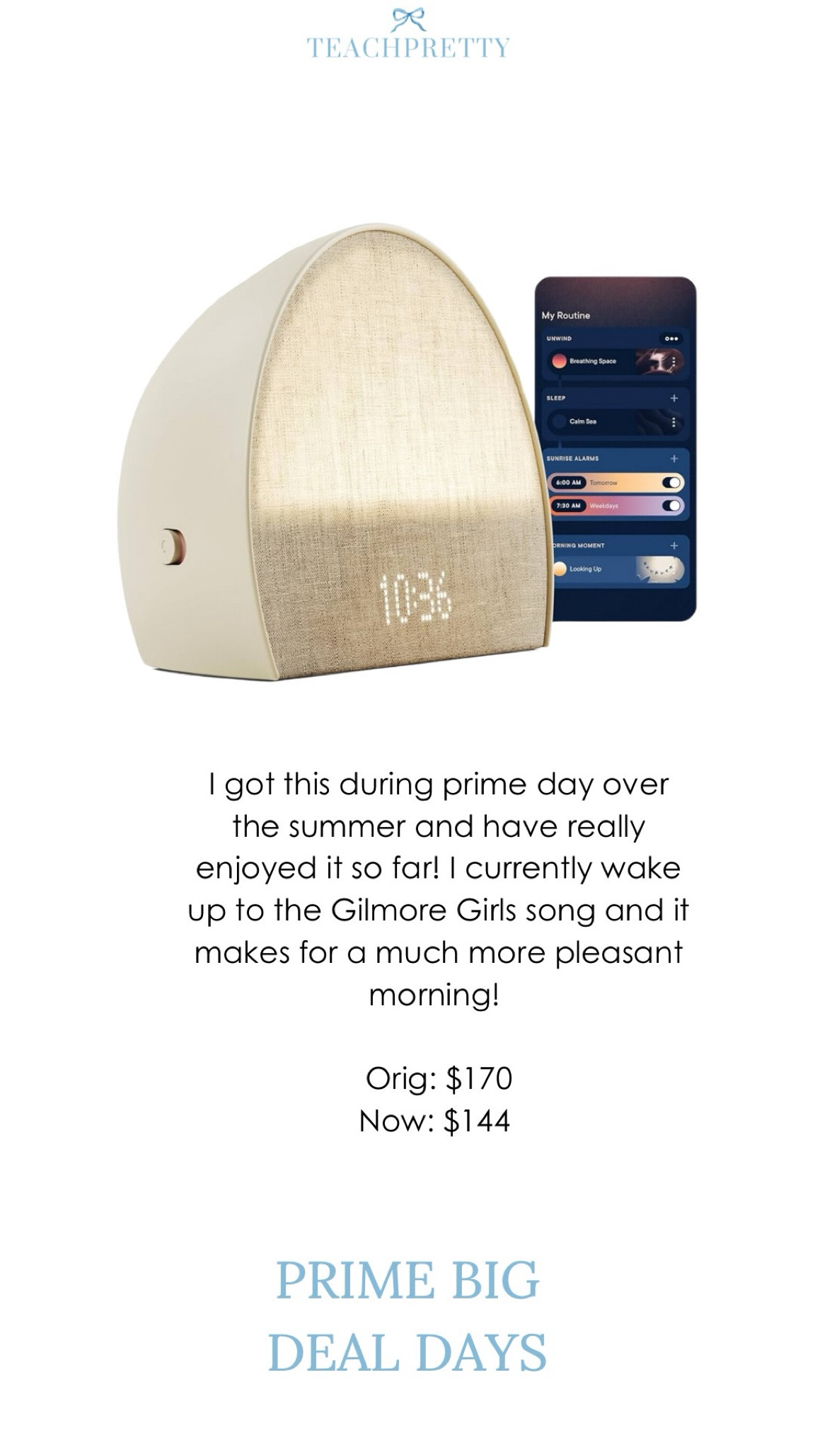 I got this over prime day over the summer and have been loving it so far. It’s helping me have better habits when I go to bed and also encourages me to wake up earlier in a more peaceful way the light and music and sounds are totally customizable. I’m currently waking up to a Gilmore girls song and it makes me so happy!

#LTKSaleAlert #LTKGiftGuide #LTKxPrimeDay