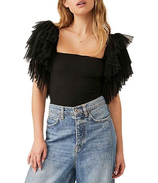 Kill The Lights Square Neck Ruffle Sleeve Bodysuit | Dillard's