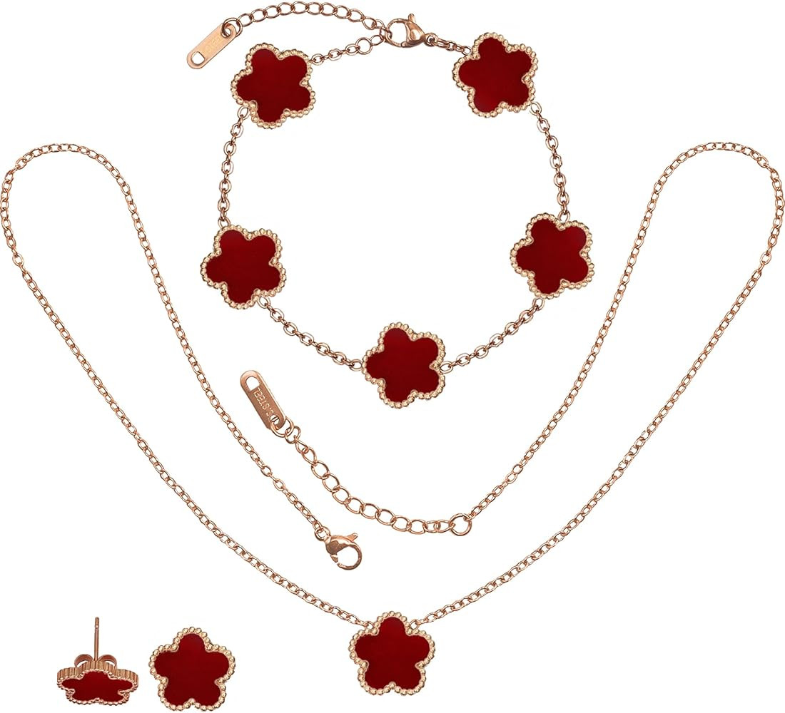 18K Rose Gold Five Leaf Clover Jewelry Set | Amazon (US)