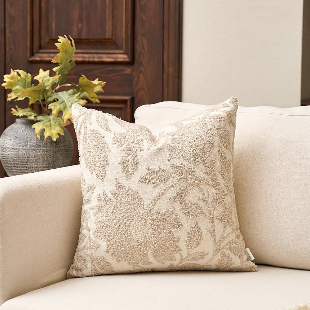 Yangest Chenille Floral Pillow Cover 18 x18 Inches, Neutral Jacquard Square Throw Pillow Cover So... | Amazon (US)