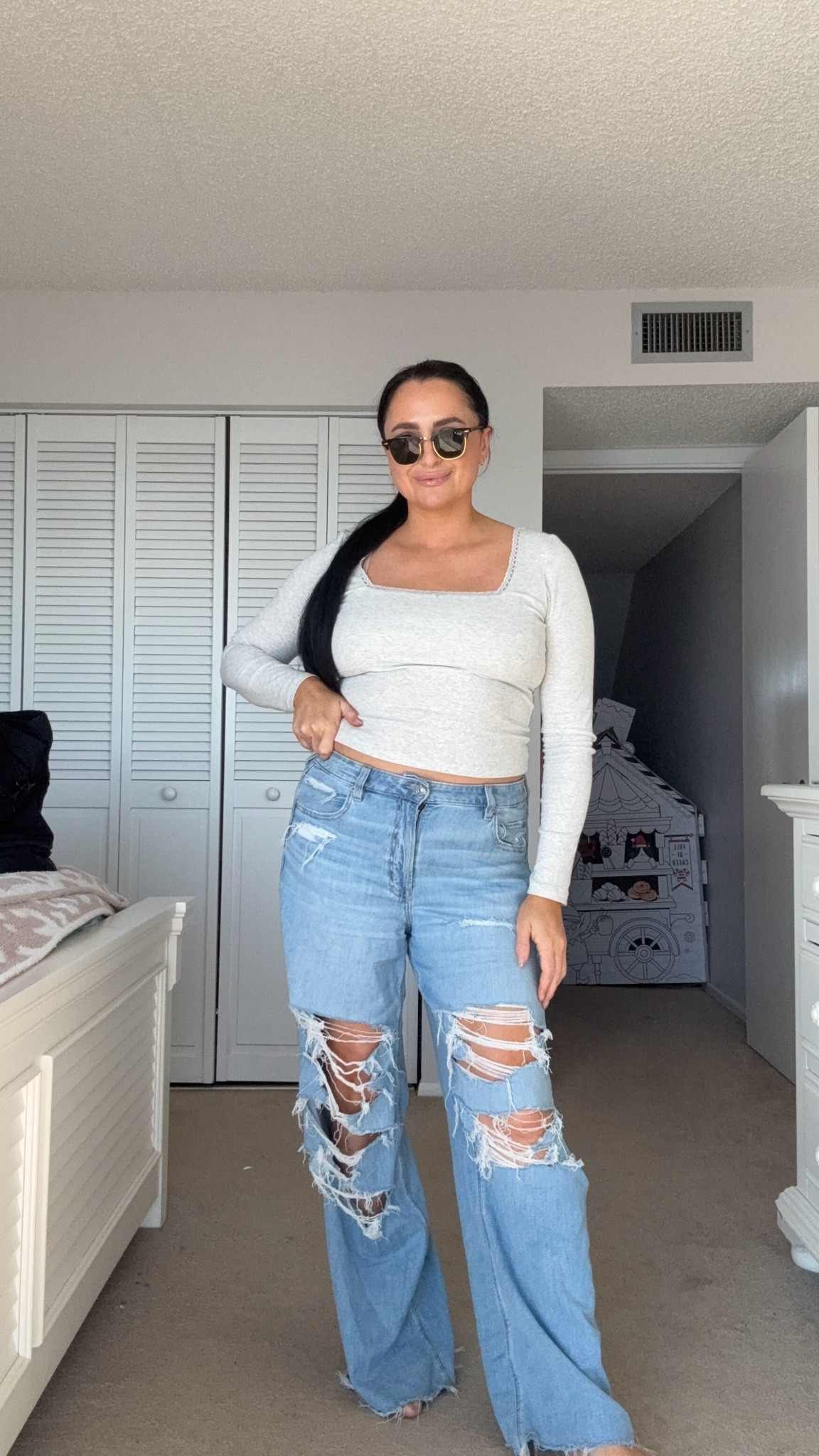 Fit true to size
Size 12 denim - soft, comfy and stretchy.
Medium top

Comfy Mom uniform with long sleeve gray American Eagle top and light wash wide leg soft ripped a denim from American Eagle.

Part of my capsule wardrobe 

#LTKSaleAlert #LTKStyleTip #LTKMidsize