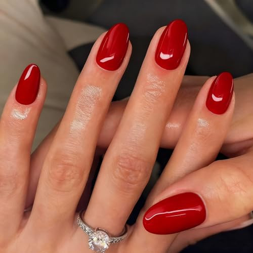 KQueenest Upgrade Red Press on Nails Short Oval, Thick Fake Nails Press on Short Round, Light Red Acrylic Nails for Women Christmas, Natural Fit Glue on Nails with UV Cover in 24 Pcs | Amazon (US)