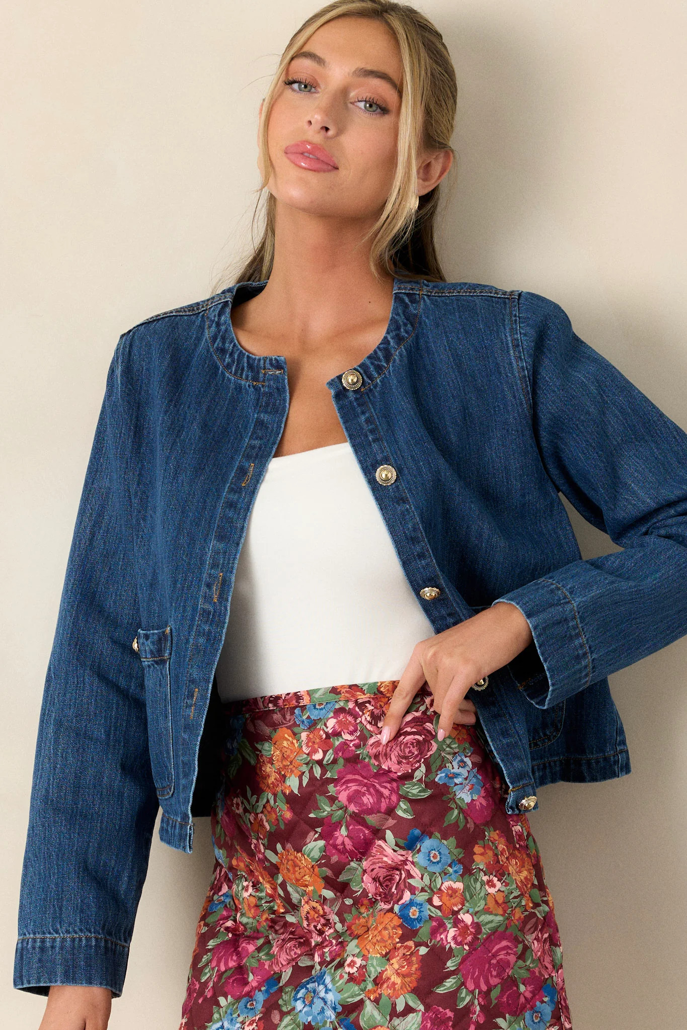 Leave It To Me Dark Wash Denim Jacket | Red Dress