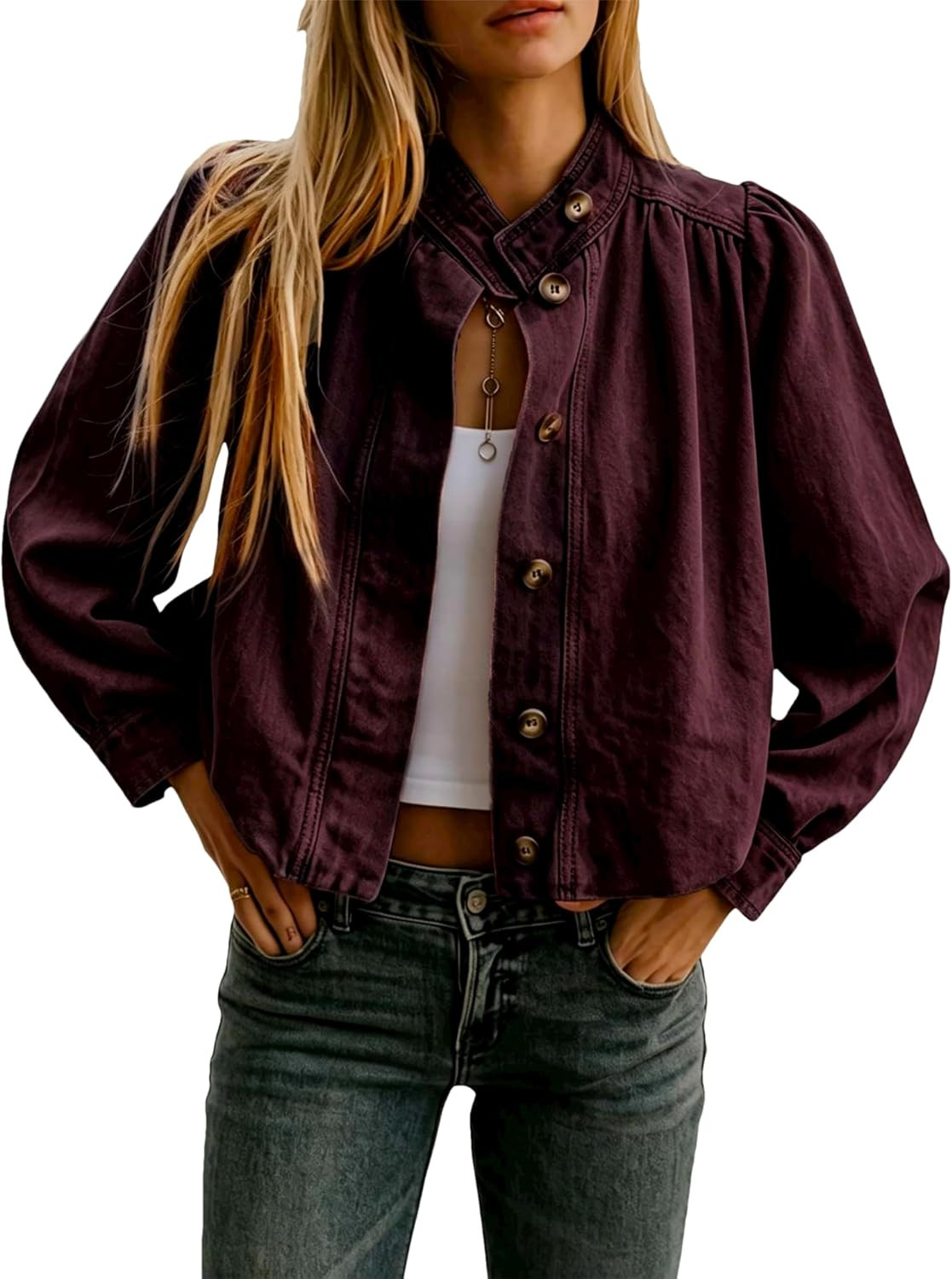 Womens Denim Jacket with Puff Sleeves Button Jean Vintage Shacket | Amazon (US)