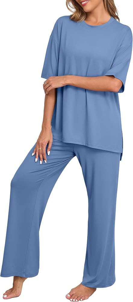 PrinStory Womens Pajamas Sets 2 Piece Lounge Set Short Sleeve Tops and Long Pants Soft Pjs Lounge... | Amazon (US)