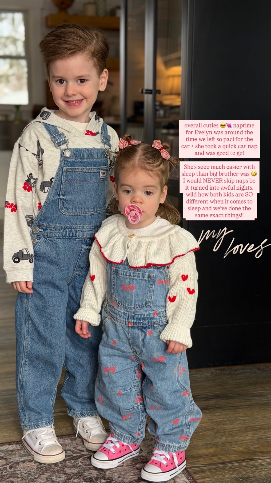 overall cuties 🥹💘 naptime for Evelyn was around the time we left so paci for the car + she took a quick car nap and was good to go!

She’s sooo much easier with sleep than big brother was 🤣 I would NEVER skip naps bc it turned into awful nights. wild how both kids are SO different when it comes to sleep and we’ve done the same exact things!!