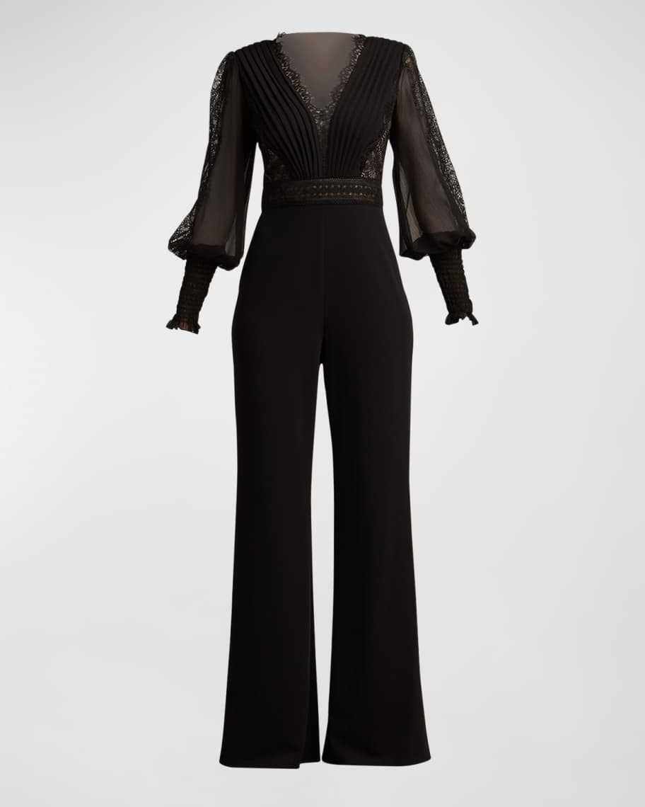 Tadashi Shoji Pleated Lace-Inset Crepe Jumpsuit | Neiman Marcus