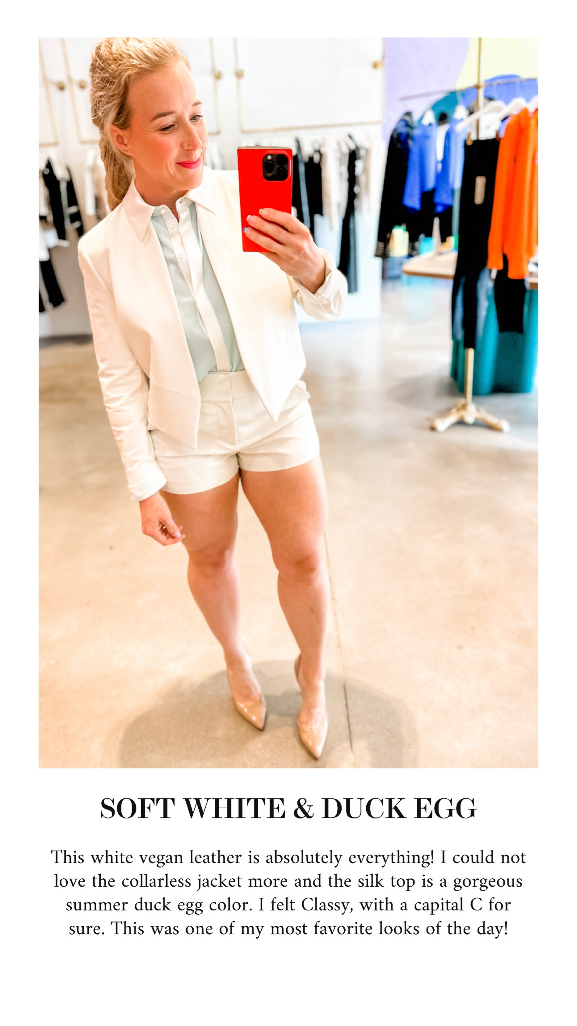 Soft white leather collarless jacket paired with matching soft white leather shorts and a silk top with contrast detailing in a gorgeous duck egg blue.

House of Colour Summer
#Hocsummer 
ALICE + OLIVIA TRY-ON

#LTKFind #LTKworkwear #LTKstyletip