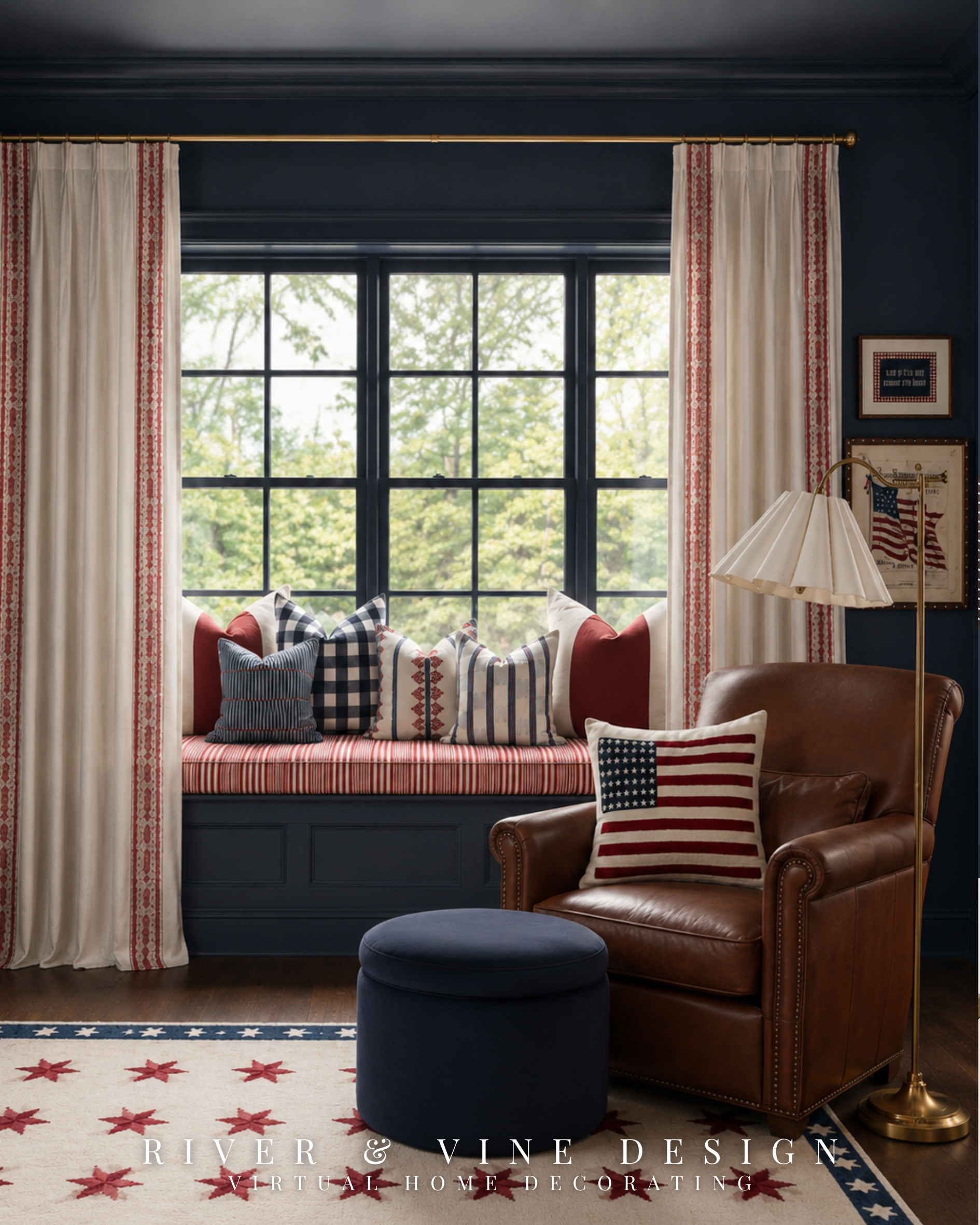 The coziest little kids room corner with a vintage Americana twist. 🇺🇸 A window bench, plaid and striped pillows, navy trim, red patterned curtains, a leather chair, and brass accents make this space feel layered, nostalgic, and still totally livable.

This is such a good example of how to decorate for the Fourth of July without making the room feel like temporary holiday decor. The trick is using classic colors, vintage-inspired patterns, and pieces that work year-round.

Save this for kids reading nook ideas, window bench styling, Americana decor, and classic boys room inspiration.

I may receive a commission through links in this post. 

 #LTKSeasonal #LTKHome