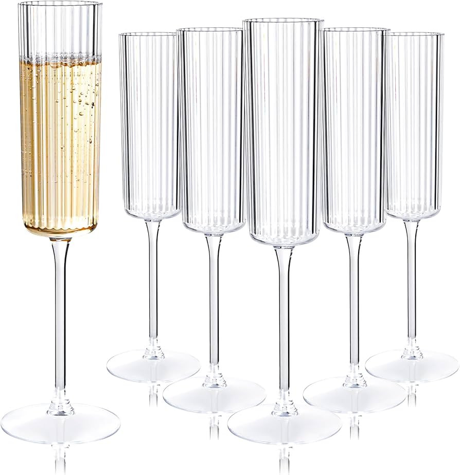 Ciaell 24 Pack Plastic Champagne Flutes - 6oz Ribbed Disposable Champagne Glasses - Clear Vintage... | Amazon (US)