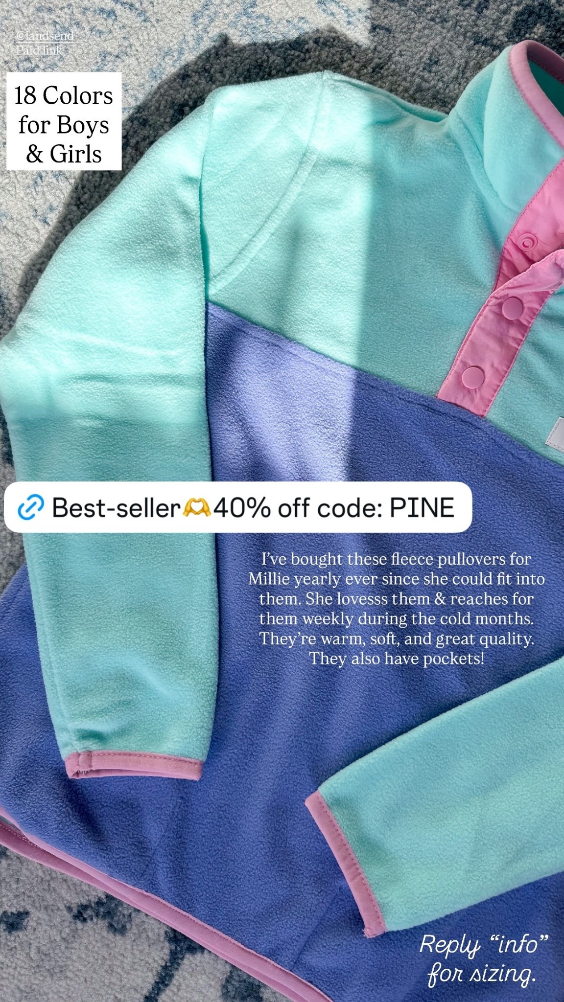 40% off kids fleece pullovers with code: PINE

I’ve bought these fleece pullovers for Millie yearly ever since she could fit into them. She lovesss them & reaches for them weekly during the cold months. They’re warm, soft, and great quality. They also have pockets!  18 Colors
for Boys & Girls.

In my opinion, these kids sweatshirts fit TTS.

Lands end, children’s clothing, sale alert, affordable style, fall fashion 

#LTKSaleAlert #LTKKids #LTKFindsUnder50