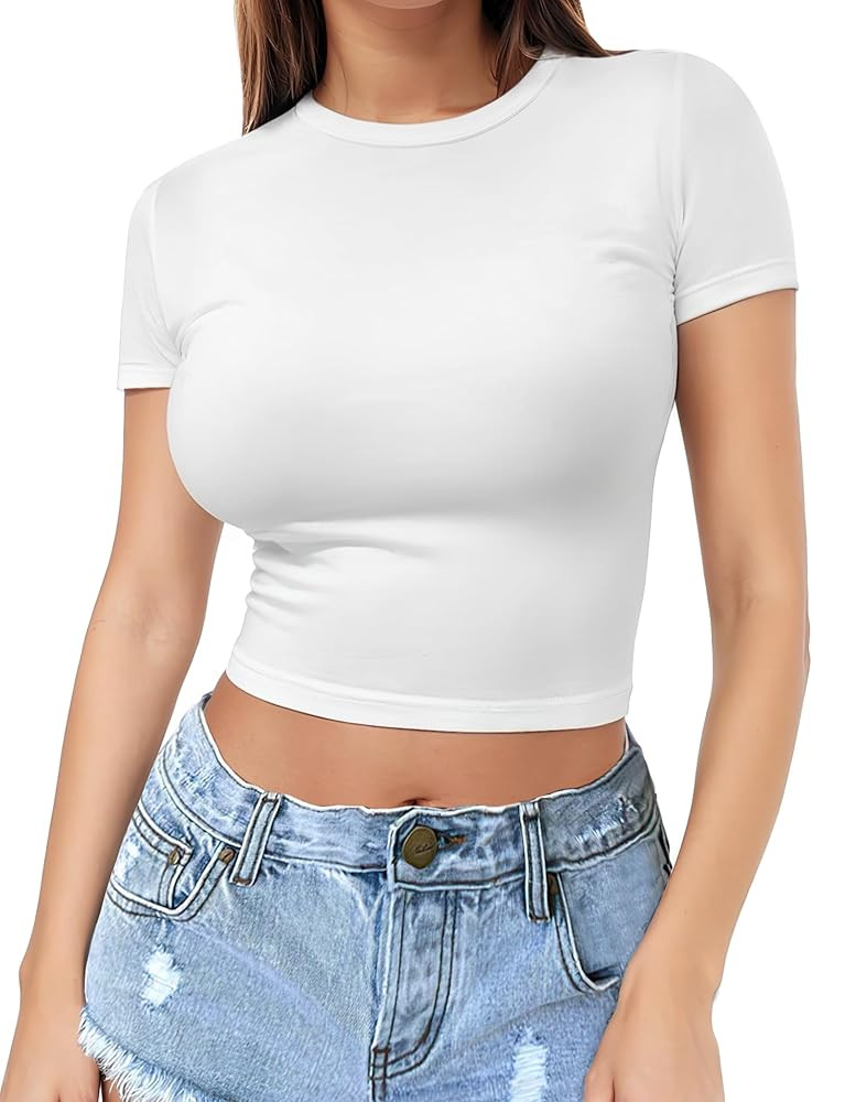 Womens Short Sleeve Crop Top Crew Neck Y2K Shirt Sexy Slim Fitted Casual Base Layer Soft Workout ... | Amazon (US)