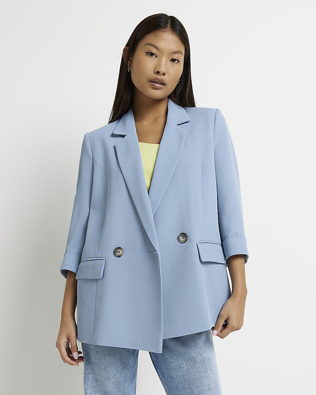 River Island Womens Petite blue double breasted blazer | River Island (US)