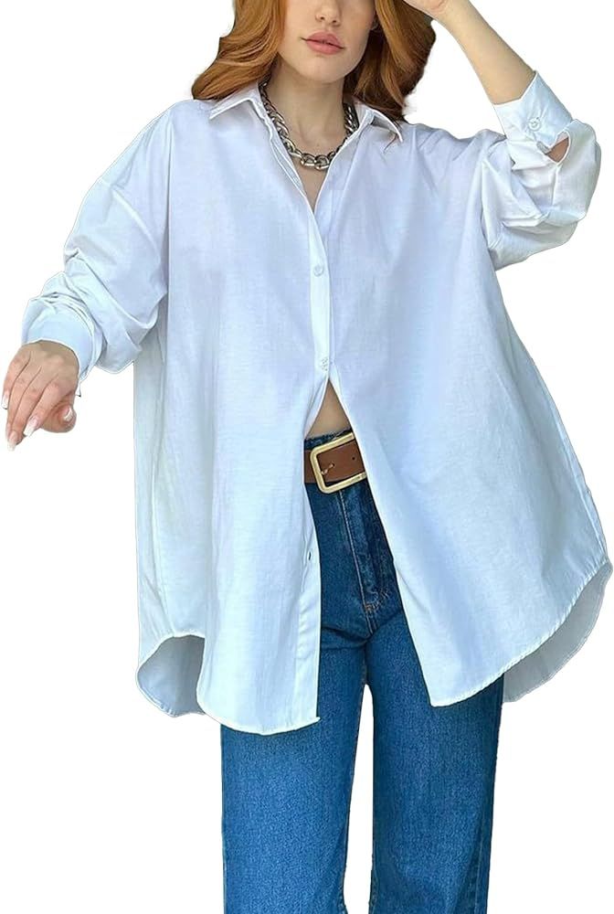LYANER Women's Oversize Collar Neck Long Sleeve Button Down Slit Hem Blouse Shirt Top | Amazon (US)