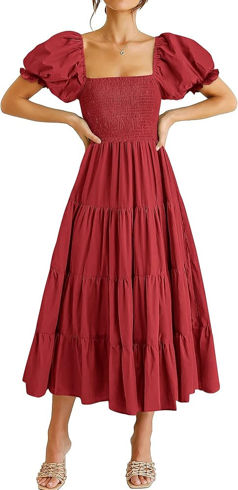 ANRABESS Women's Casual Summer Midi Dress Puffy Short Sleeve Square Neck Smocked Tiered Boho Dres... | Amazon (US)