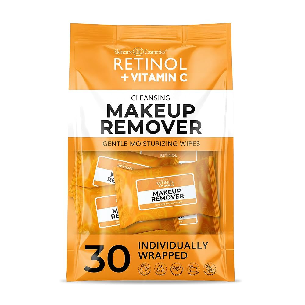 Retinol + Vitamin C Individually Wrapped Makeup Remover Wipes, travel essentials for Travel & On ... | Amazon (US)