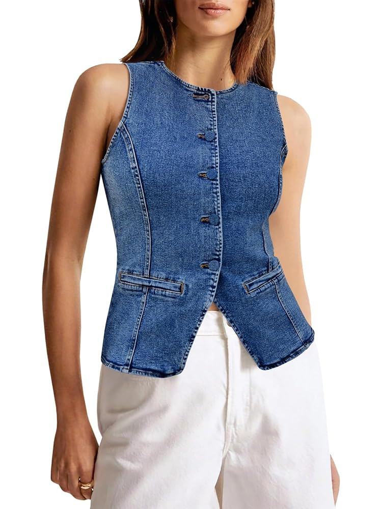 Tankaneo Womens Button Down Denim Vest Tops Sleeveless Fitted Jean Tank Tops Summer Trendy Casual... | Amazon (US)