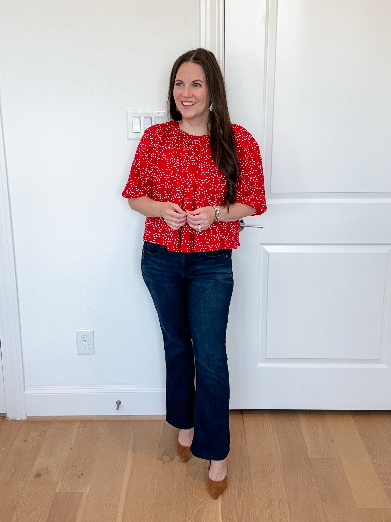 Fall outfit / business casual work outfit / girls night out dinner outfit / polka dots red top / casual date night outfit / flowy red top / dark blue bootcut jeans / petite jeans  /warm weather fall outfits 

#LTKPetite #LTKSeasonal #LTKFindsUnder100