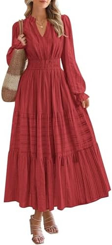 PRETTYGARDEN Women's 2025 Fall Wedding Guest Dresses Long Sleeve V Neck Flowy Elegant Holiday Par... | Amazon (US)