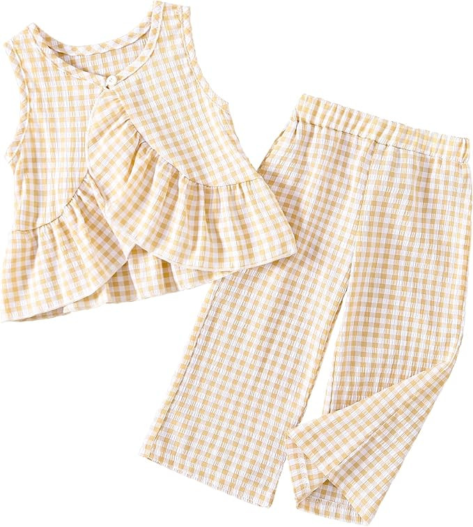Weebaby Toddler Girl Clothes Infant Summer Outfits Baby Ruffle Tank Top Gingham Loose Pants Kid B... | Amazon (US)