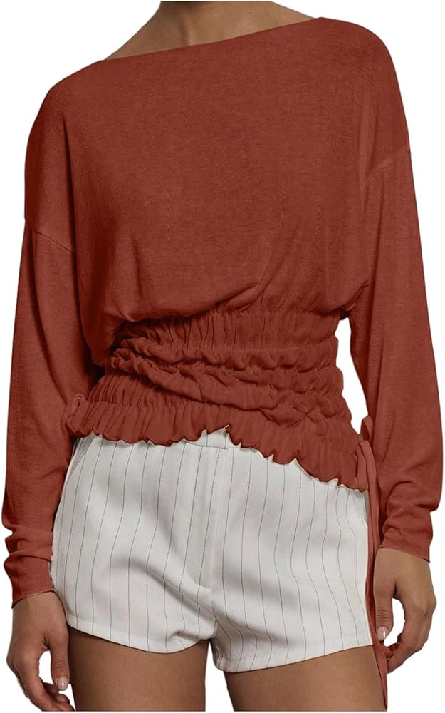 Verdusa Women's Shirred Cinched Waist Tops Drawstring Boat Neck Going Out T Shirts | Amazon (US)