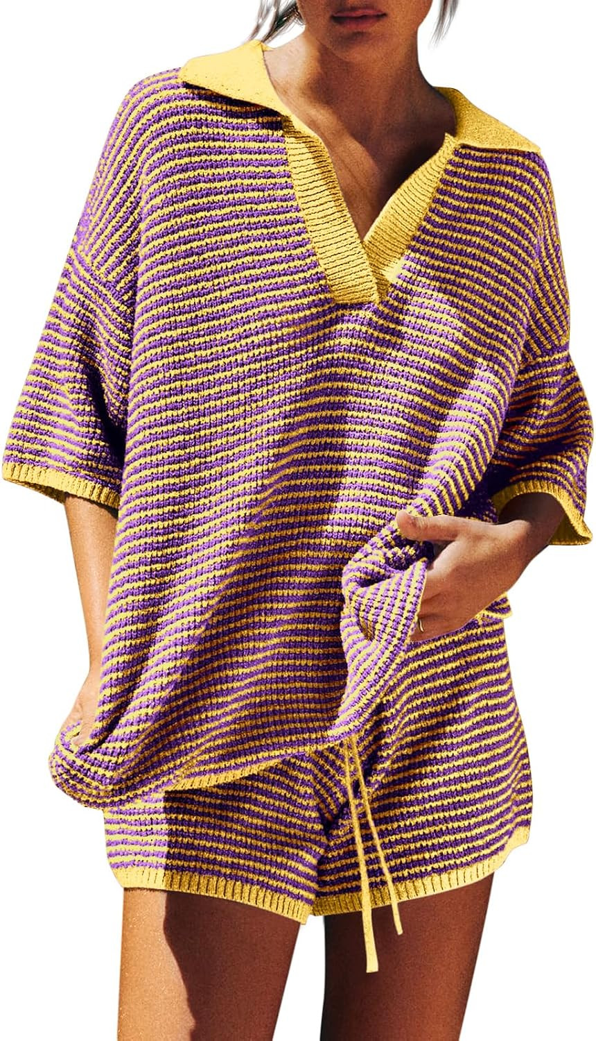 Tankaneo Womens Sweater Set 2 Piece Outfits 3/4 Sleeve Tops Shorts Lounge | Amazon (US)