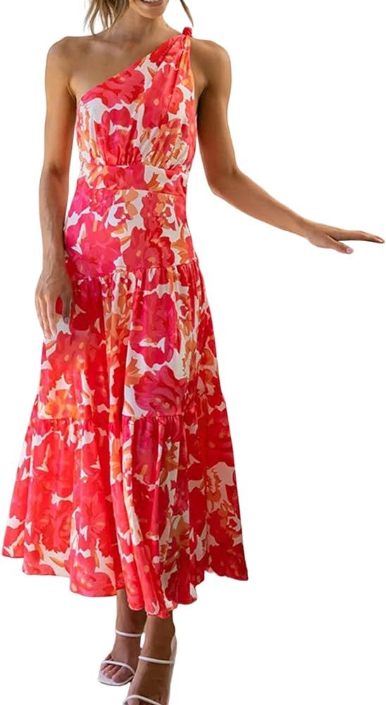 Elegant Dress Women's Printed Sleeveless Sloping Shoulder Long Skirt Dress Floral Dresses for Wom... | Amazon (US)