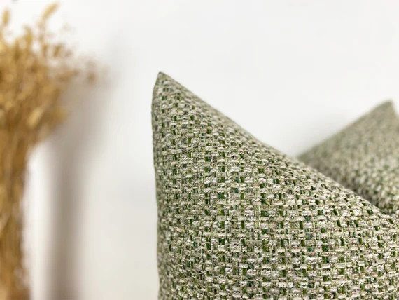 Green Boho Pillow Cover, Euro Sham Cover, Green and Beige Woven Textured Fabric, Green Throw Pill... | Etsy (US)