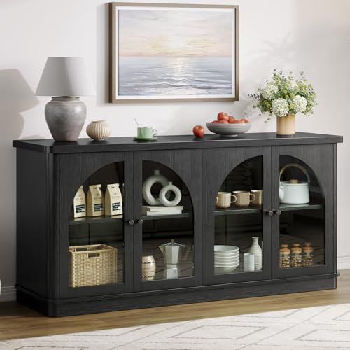 ONBRILL 63 Inch Sideboard Buffet Cabinet, Modern Arched Buffet with Glass Doors, Large Curved Cabinets with Storage, Console Credenza w/Adjustable Shelves for Living Room, Kitchen, Entryway, Black | Amazon (US)