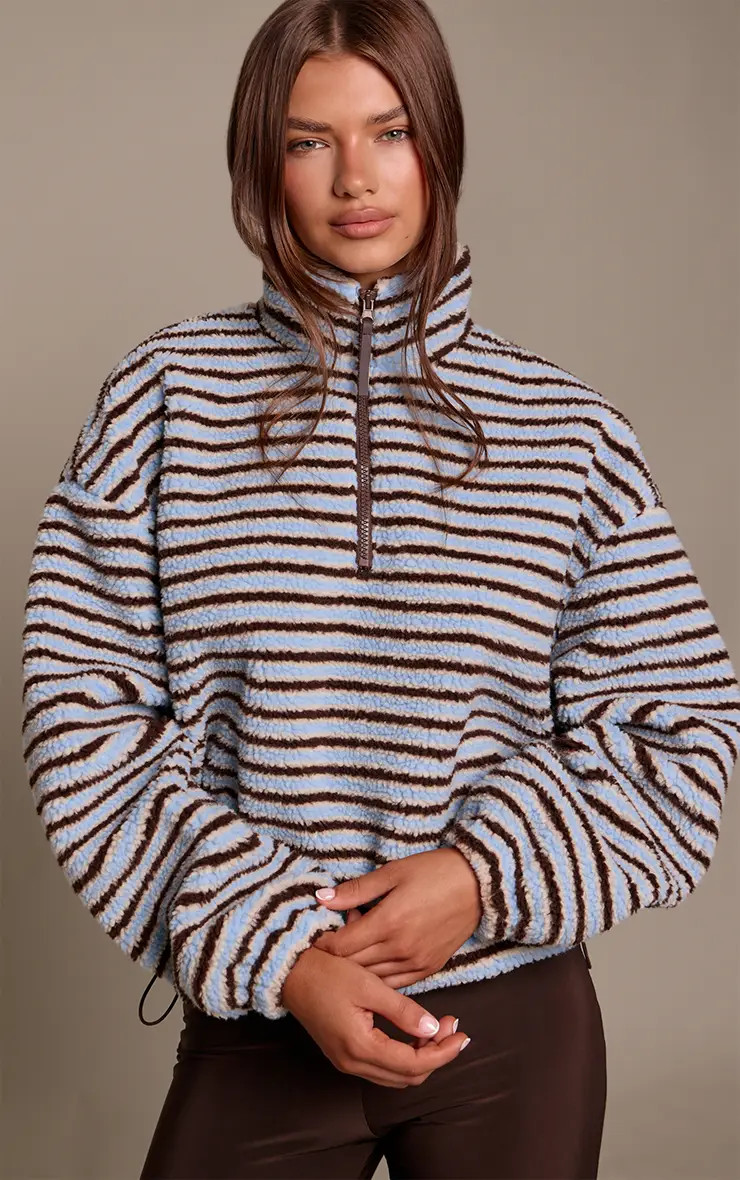 Blue Stripe Quarter Zip Long Sleeve Fleece | PrettyLittleThing UK