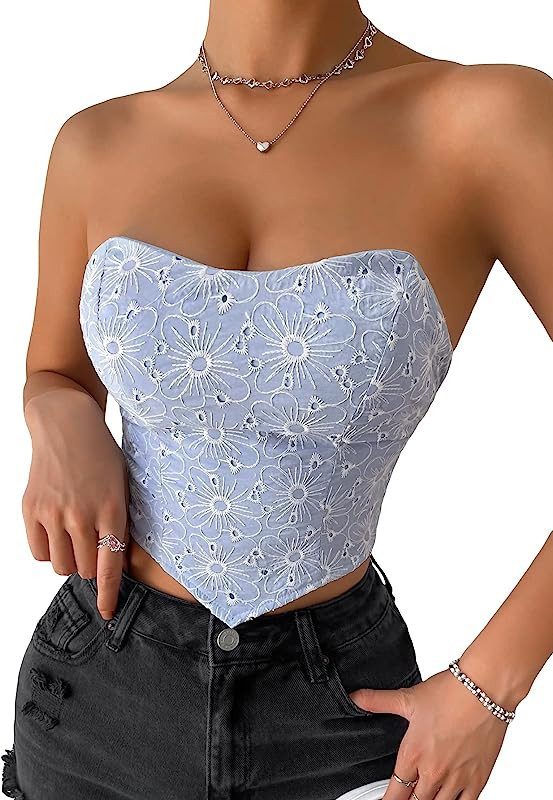 WDIRARA Women's Floral Embroidery Ruffle Strapless Backless Asymmetrical Hem Crop Tube Top | Amazon (US)