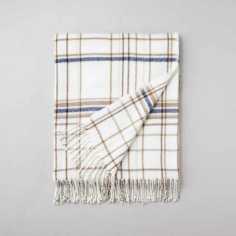 Thin Stripe Plaid with Twisted Fringe Throw Blanket Cream/Navy/Brown - Hearth & Hand™ w... | Target